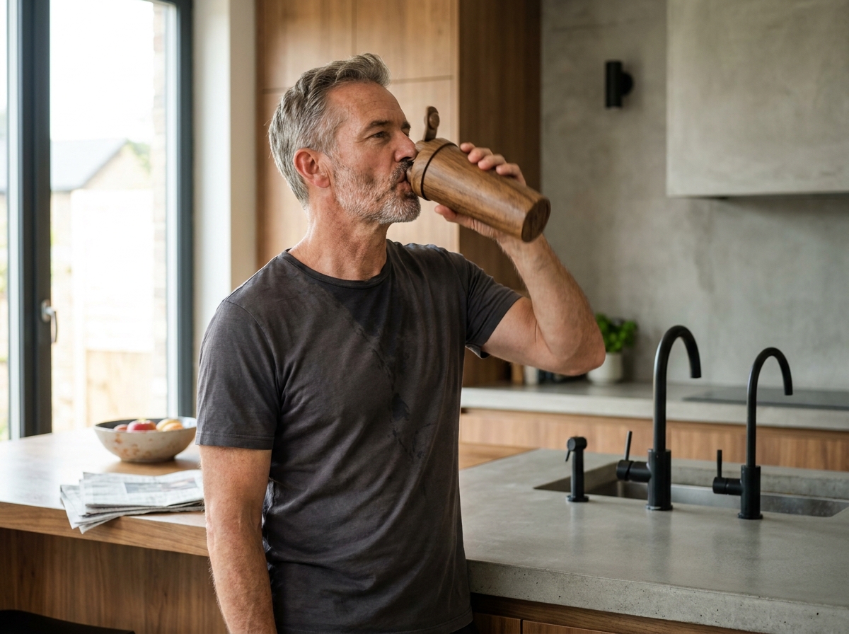 Actieve 50-jarige man na zijn ochtendworkout in moderne keuken