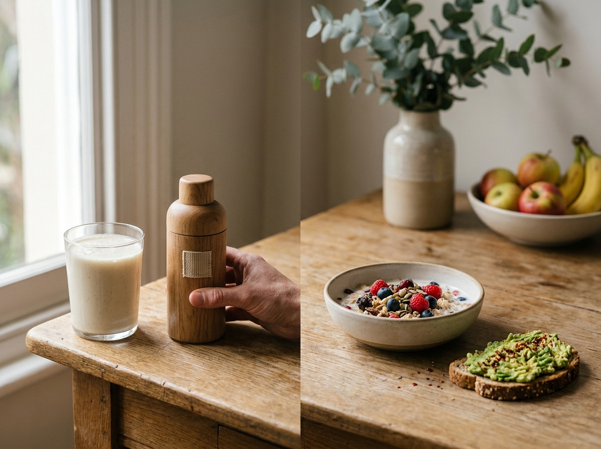 Keukentafel met zowel een shake als een traditioneel ontbijt