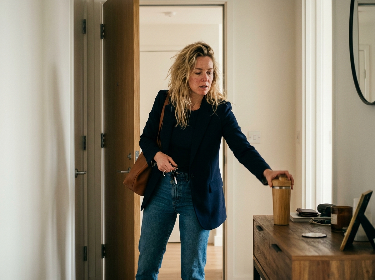 Vrouw pakt snel een shaker uit de keuken voor ze de deur uit moet