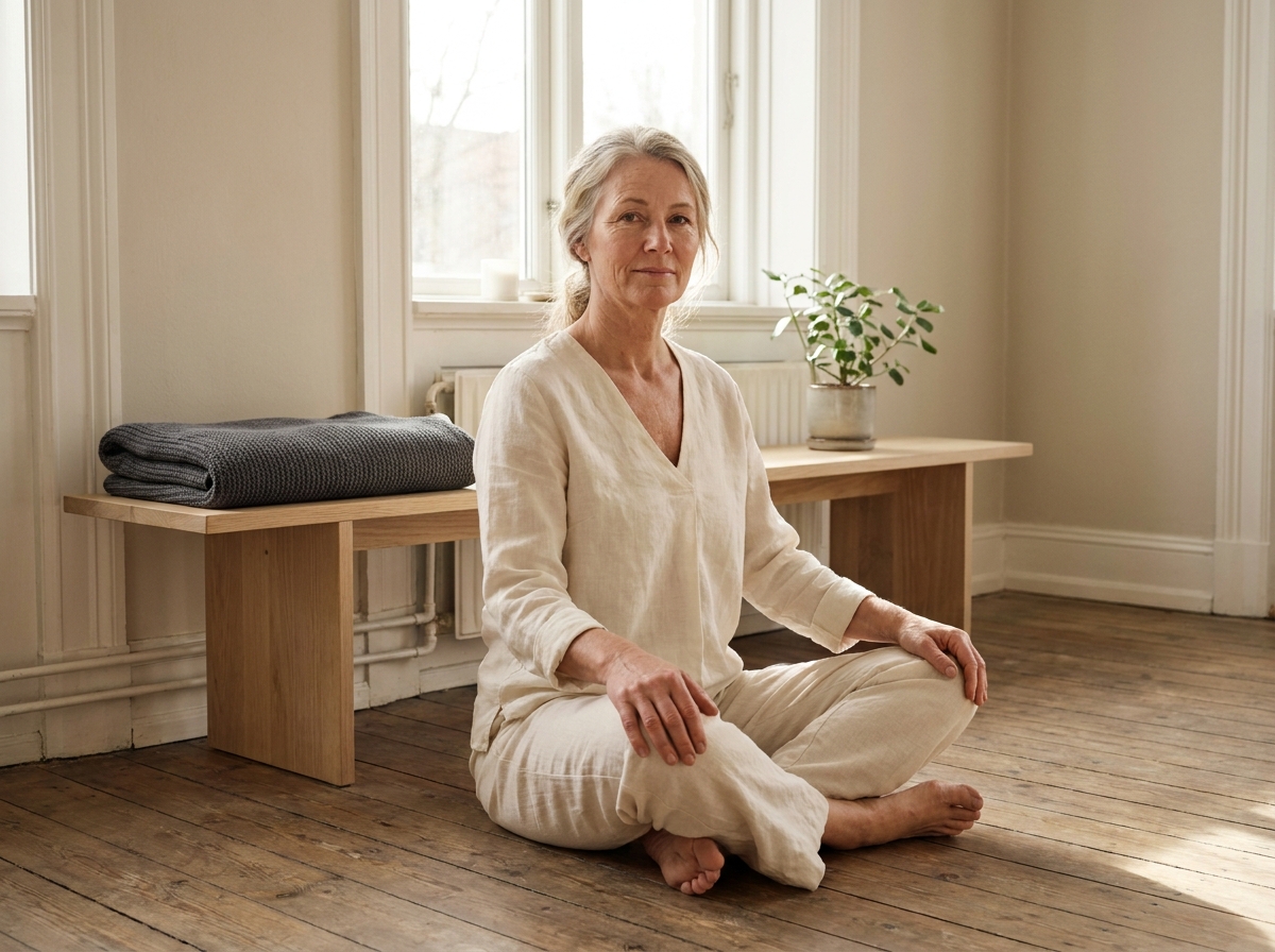 Vrouw 50+ doet thuis ochtend-yoga in een rustige lichte ruimte