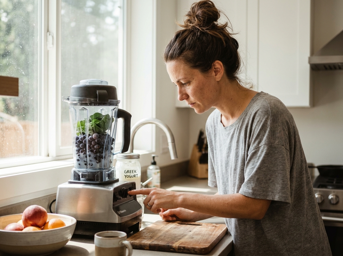 Vrouw mengt een Herbalife shake in een blender met fruit en spinazie