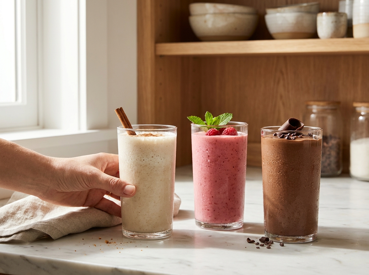 Drie verschillende Herbalife shakes naast elkaar op een licht keukenwerkblad