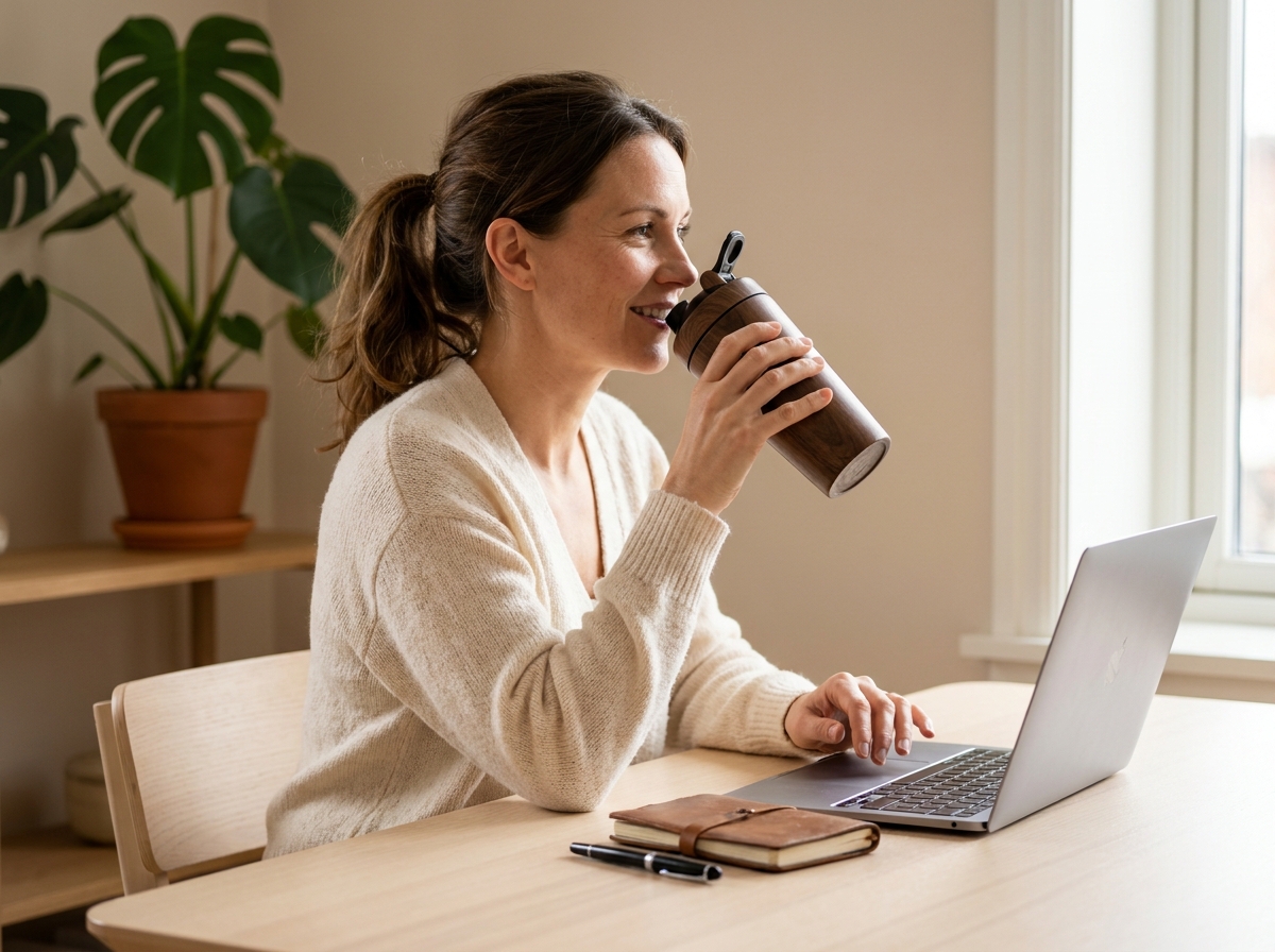 Vrouw drinkt een Herbalife shake achter haar bureau tijdens een werkpauze