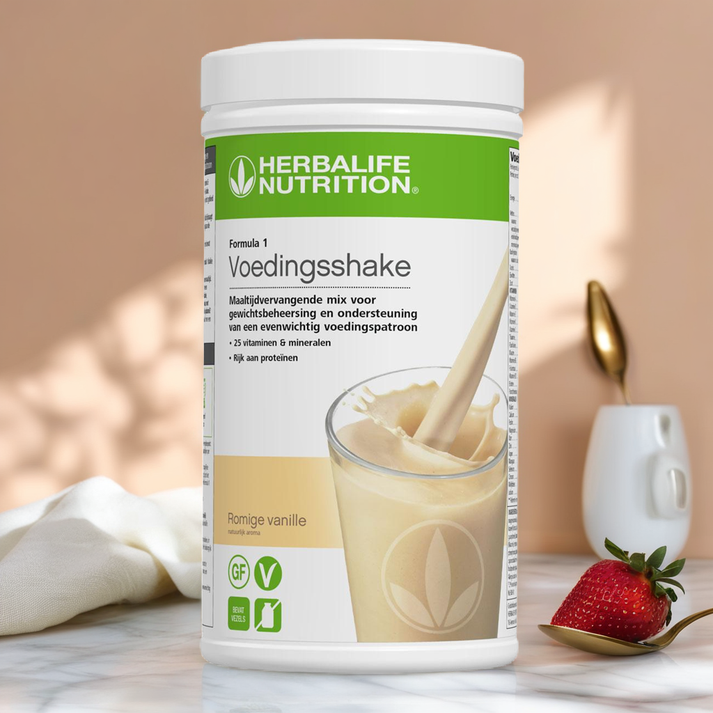Herbalife Formule 1 pot in een uitgebreid programma-stilleven op een keukenwerkblad