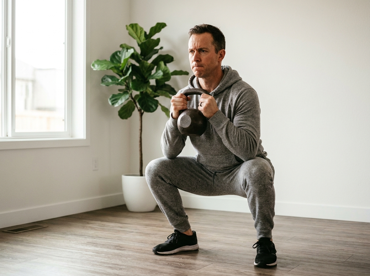 Persoon doet kettlebell-training in een lichte thuiskamer