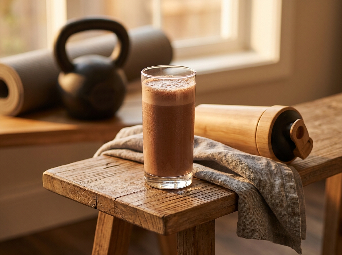 Glas met chocolade-shake na de training, op een houten tafel